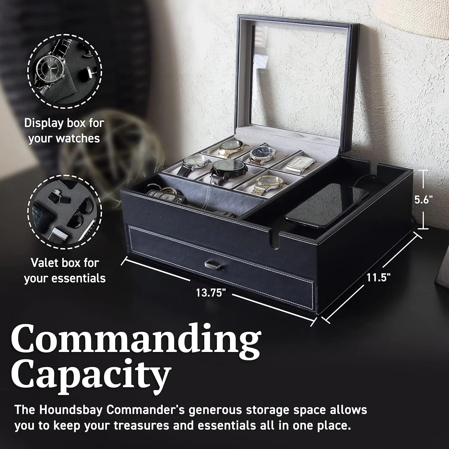 Commander Dresser Valet Watch Box Case, Cadeaux camouflage pour hommes, Organisateur de boîte à bijoux pour hommes