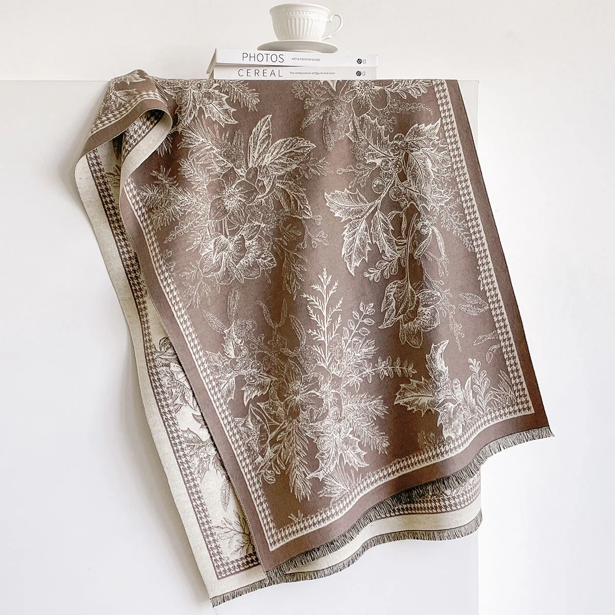Versatile Faux Cashmere Women Scarf Double Sided Brown Vintage Elegant Art Winter Floral Engraving Large Warm Shawl Wrap