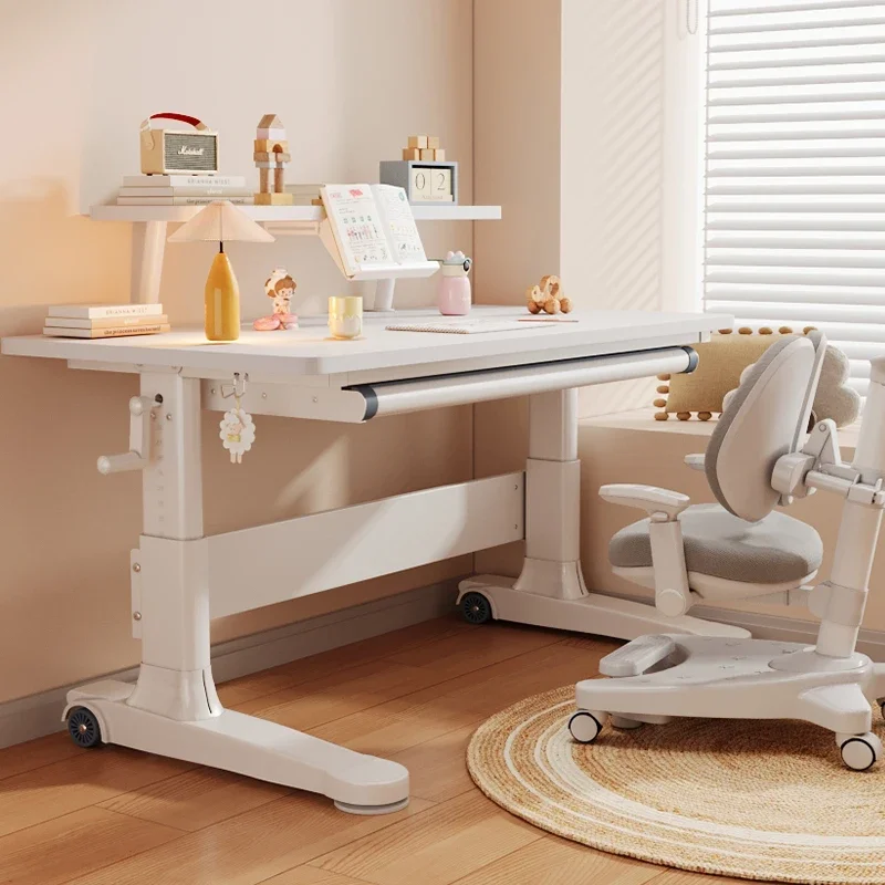 Children's study table Household lifting writing table Desks and chairs Large white table Solid wood desk