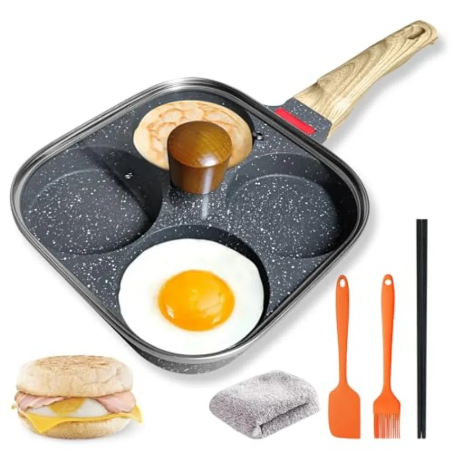 

Набор противень для яиц с антипригарным покрытием на 4 чашки и крышкой. Алюминиевая сковорода для омлета для завтрака. В комплект входит силиконовый скребок. Масляная кисть. Палочки для еды и.