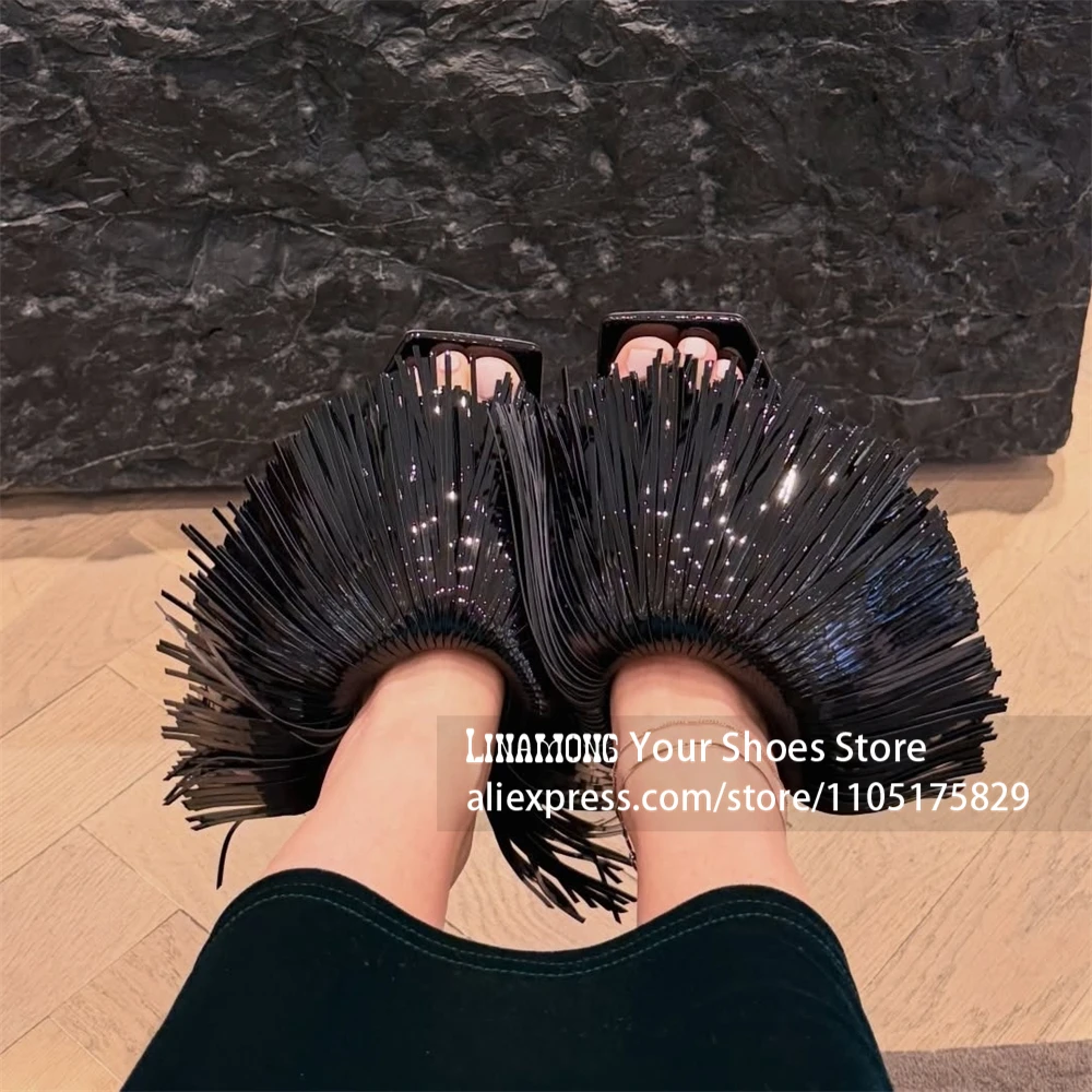 Fringe Tassel Square Open Toe Slippers Fringe Stiletto Heel Mules Thick Dense Fringe Open Toe Slide Party Summer Shoes for Women