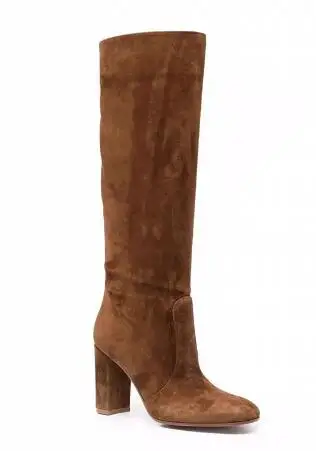 Autumn Brown Black Suede Round Toe Block Heel Patchwork Knee High Boots Women Fashion Concise Tube Slip On Long Boots Shoes Lady 3