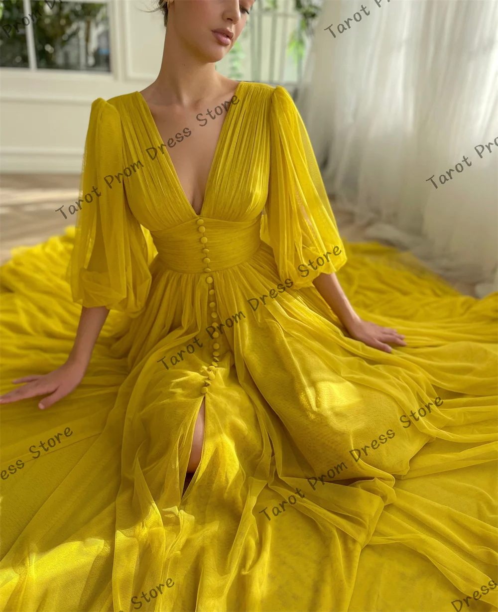 Tulle Off-the-shoulder V-Neck Beaded Prom Dresses With Split Backless Puff Sleeves Evening Dress A-line Floor-length Ball Gowns