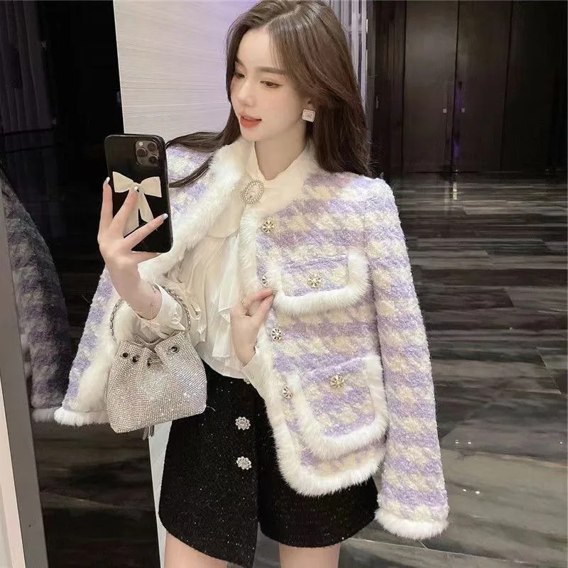 

Thickened Thousand Bird Grid Coat with Velvet Women's Winter New Style Violet Cotton Jacket Slim Fit Jacket