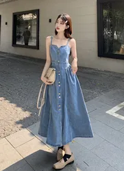 French Denim Suspender Dress For Women's Summer New Waistband Slimming Decoration Length Large Swing Strap Denim Vestidos