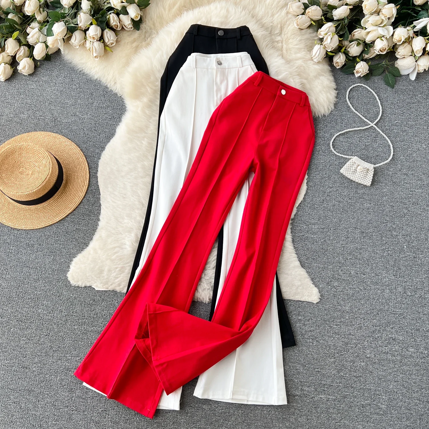 

Spring Summer Korean Style Long Pants Women High Waisted Bell Bottom Pants Female Solid Color Pleated Split Pants Trousers