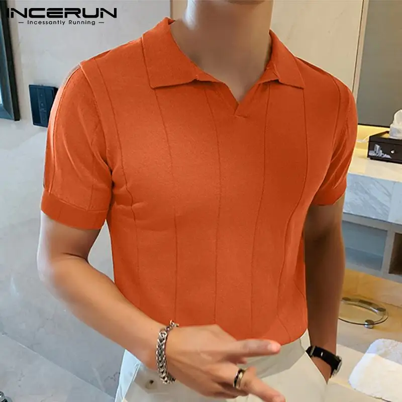 INCERUN 2024 Men Shirt Lapel Short Sleeve Streetwear Solid Color Fitness Casual Men Clothing Korean Style Leisure Shirts S-5XL