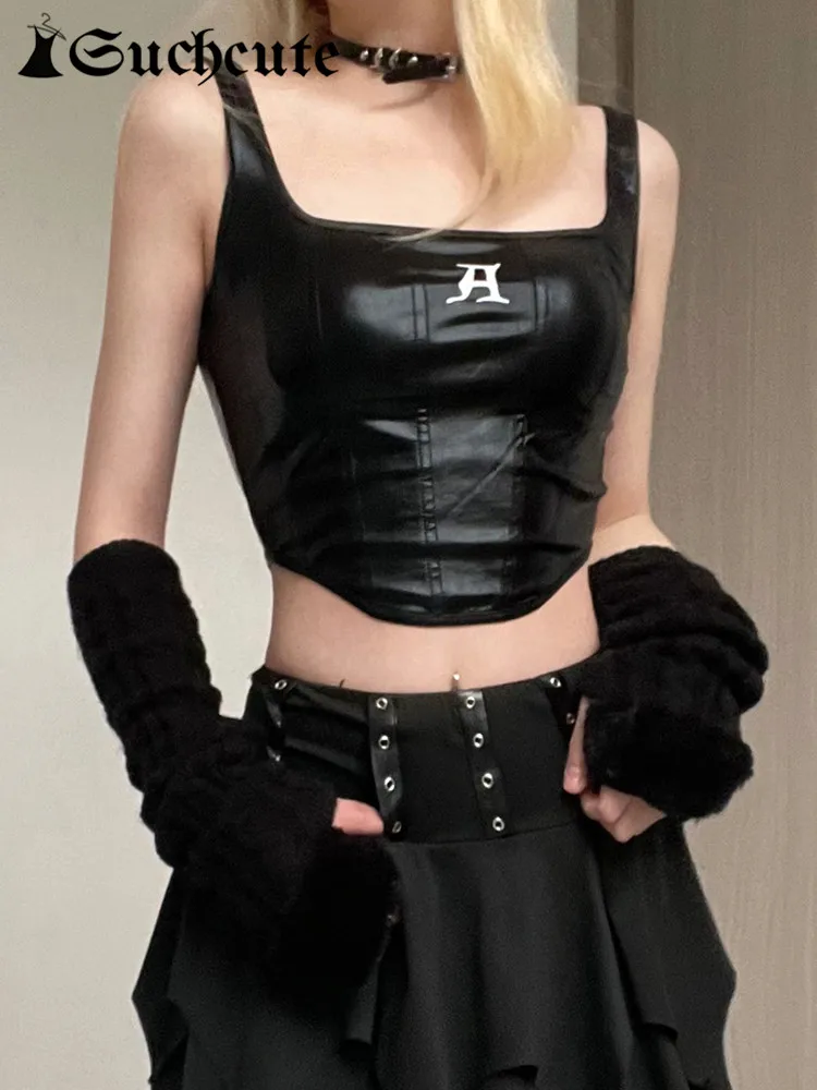 SUCHCUTE Punk Style Leather PU Crop Tops Women Dark Academia Skinny Sleeveless Tank Top Fairycore Streetwear Clothes Summer 2024