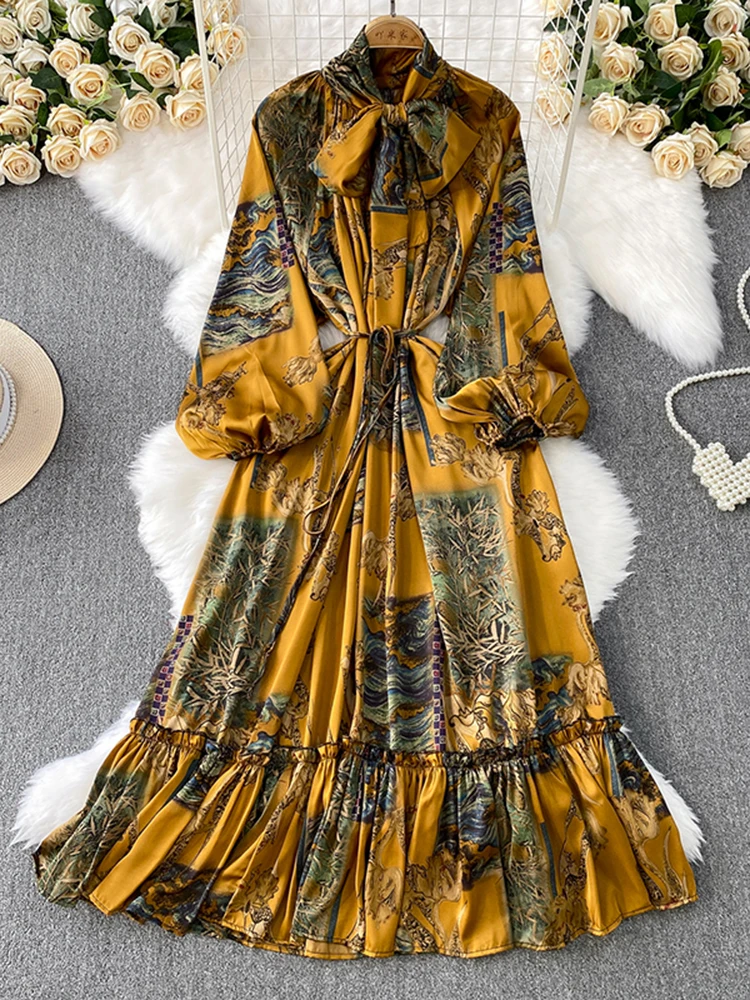 Spring Autumn Women\'s Retro Style Long Sleeved Printed Dress with Waist Cinched A-line Elegant Large Swing Long Dress A81