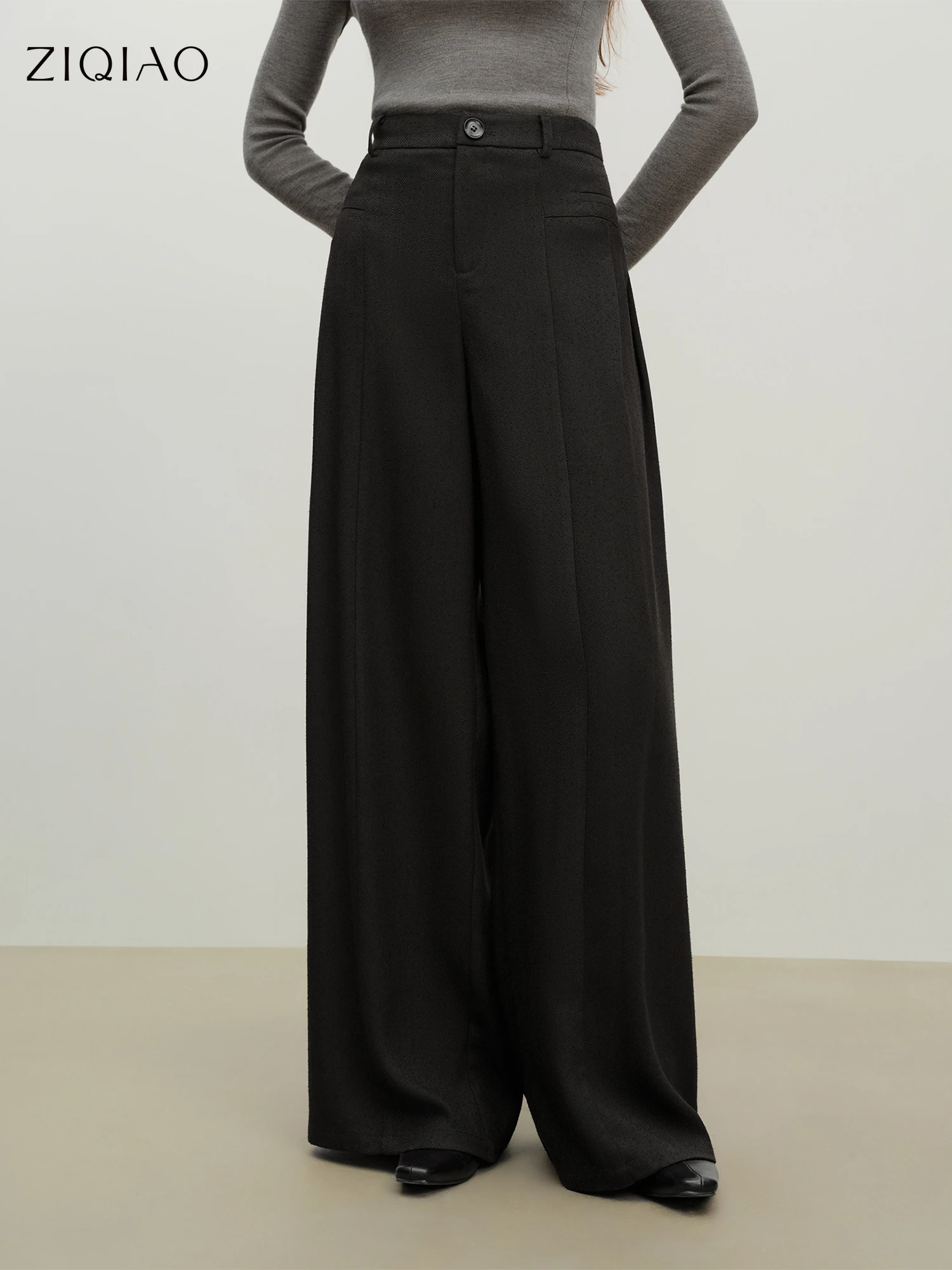 

ZIQIAO 2025 Winter Women's Flared Wide Leg Trousers Herringbone High Waist Dragged Pants Straight Leg Stretch Casual Pants