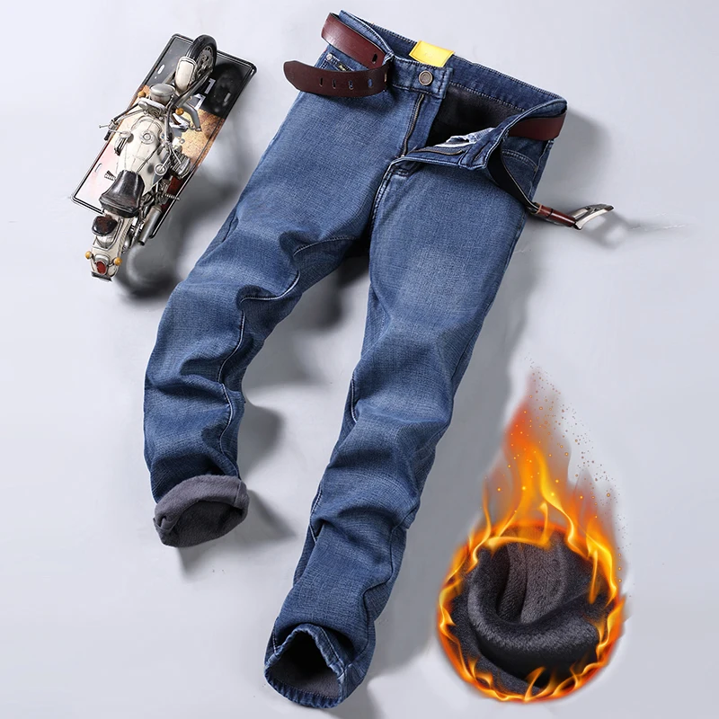 

Winter Thermal Warm Flannel Stretch Jeans Mens Winter Quality Famous Brand Fleece Pants Straight Flocking Trousers Denim Jeans