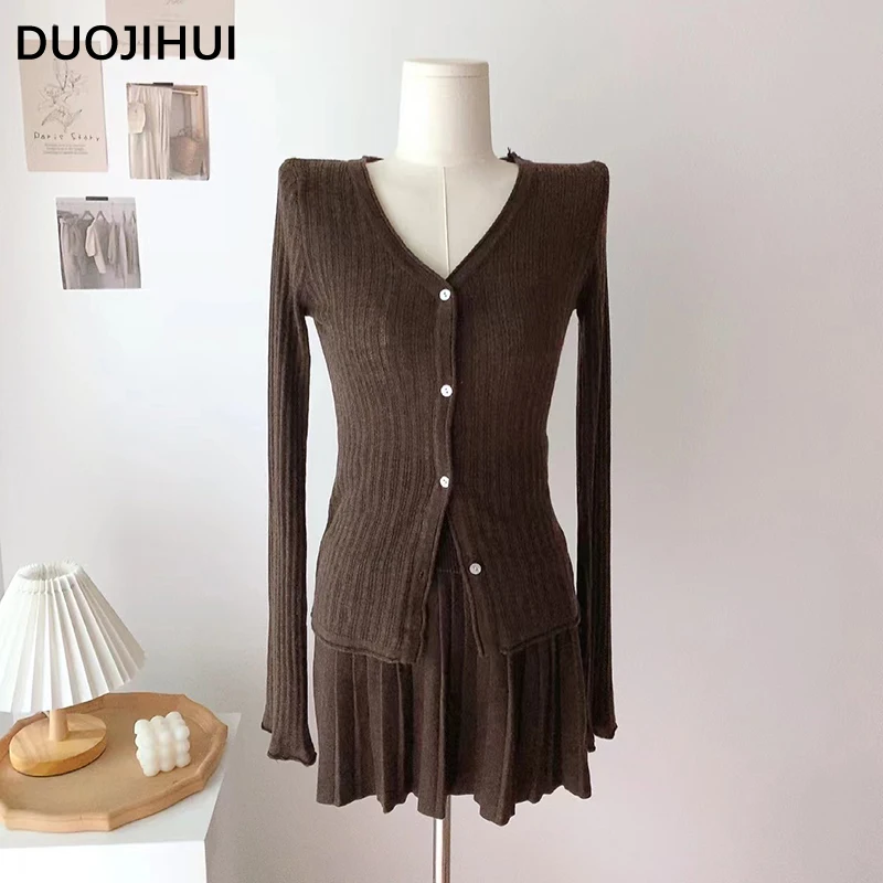 DUOJIHUI Two Piece Classic Striped Knit Women Cardigan Autumn Chicly Slim Waist Skirt Fashion Solid Color Casual Female Cardigan