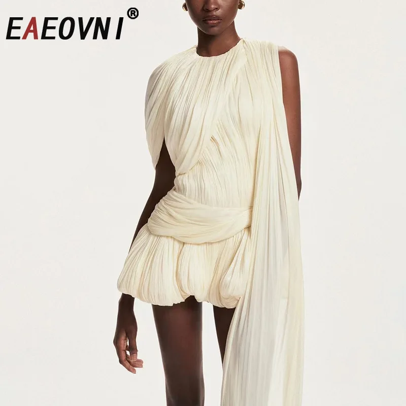

EAEOVNI Fashion Pleated Dress Women Patchwork Irregular Solid Color Gathered Waist Elegant Dresses 2025 New Clothing 1A1228