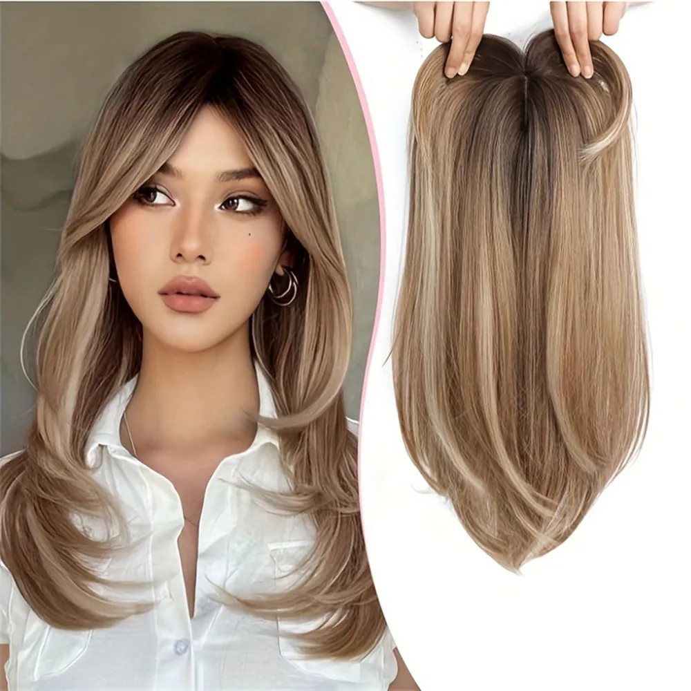 

22 Inch Straight Heat Resistant Fiber Hair Wig Block Invisible Scalp Cover for Thinning Hair Brown Black Top Wig Piece