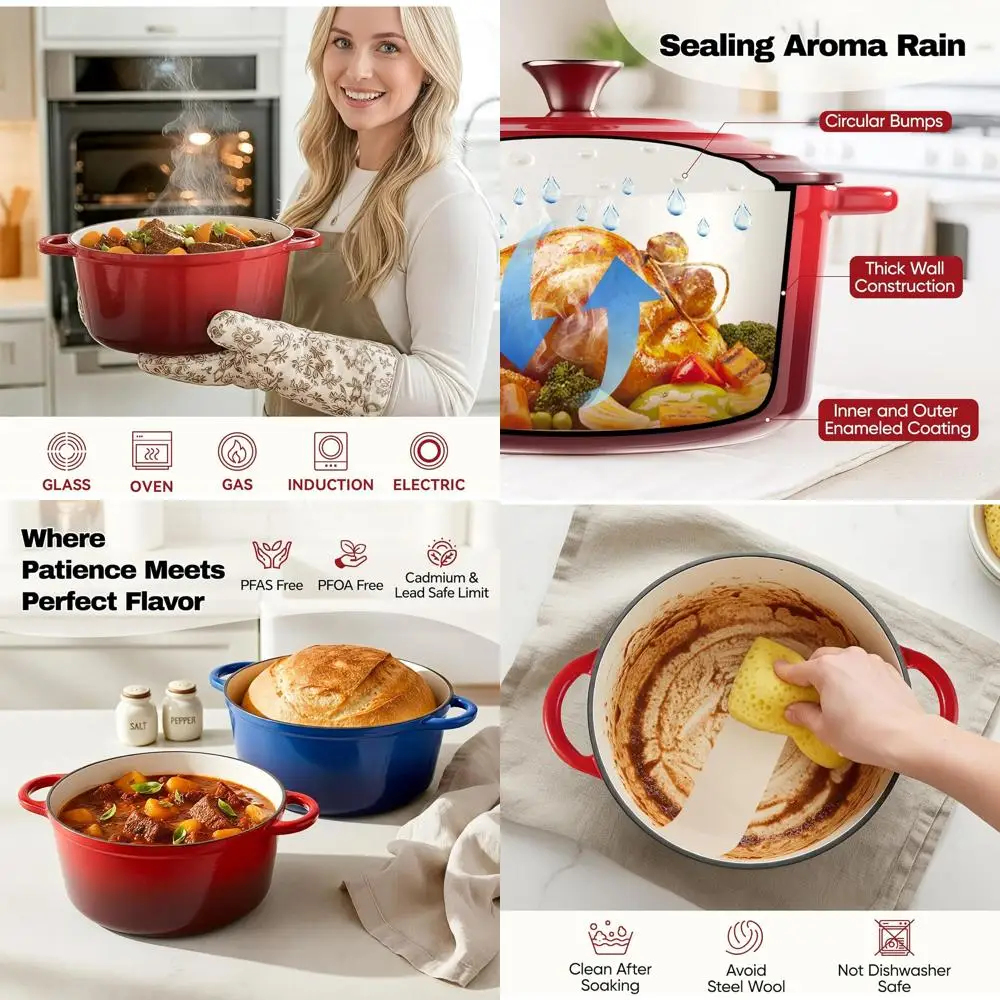 

Enameled Cast Iron Dutch Oven, 6.5 Qt, Non-Stick, Oven-Safe up to 500°F, Ideal for Baking Bread, Roasting, and More in Red