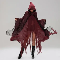 Halloween Witch Cloak with Hood Exaggerated Ripped Grim Reaper Cape Cosplay Props for Party Cosplay Fall Casual Coats Gothic Y2K