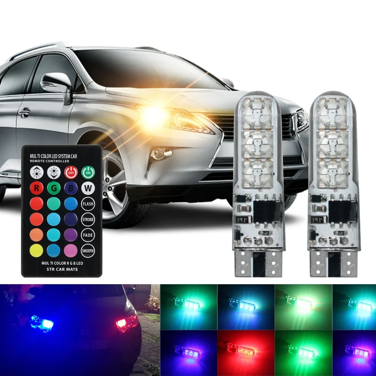 2 pçs t10 w5w rgb led canbus 194 168 lâmpada led w5w 5050smd carro cúpula luz de leitura sílica gel led cunha lâmpada lateral controle remoto