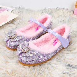 Disney Cartoon Elsa Soft Bottom Baby Girl Princess Frozen Warm Shoes Children Flat Girl Leather Blue Pink Shoes Size 23-36
