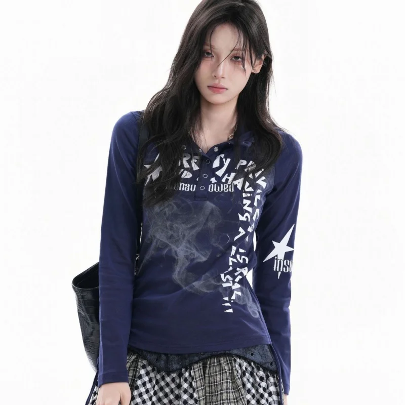 American Retro Graffiti Print Hooded T-shirt Women Bandage Drawstring Slim Fit Tops Autumn Y2k Aesthetic Street Tees