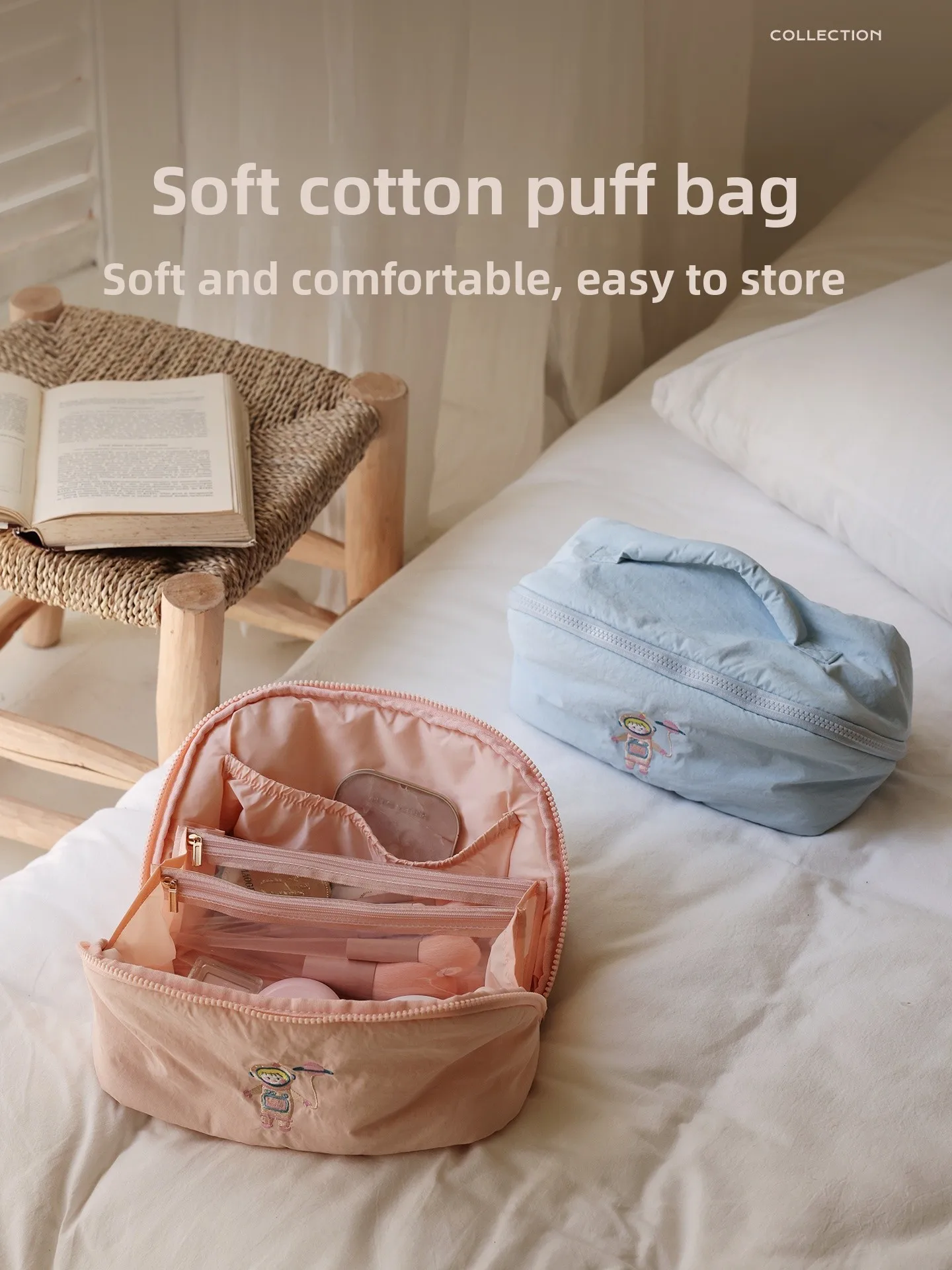 

Large Capacity Portable Women's Makeup Bag Cotton Filled Travel Business Trip Cosmetic Storage Bag Handbag with Zipper
