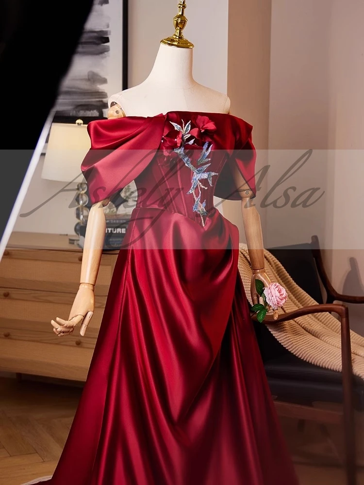 Custom Made Wine Red 100% Real Picture Women Evening Dress For Wedding Party Off Shoulder Satin A Line Long Prom Formal Wear