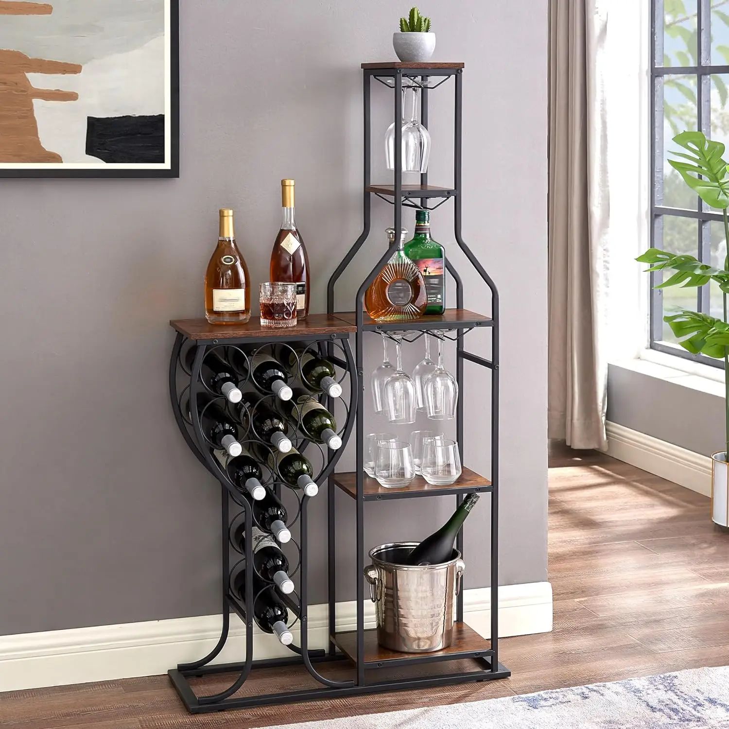 

Freestanding 5-Tier Wine Ra For 11 Bottles - Industrial Metal & Wood Wine Shelf With Glass Hanger For Kitchen, Restaurant,
