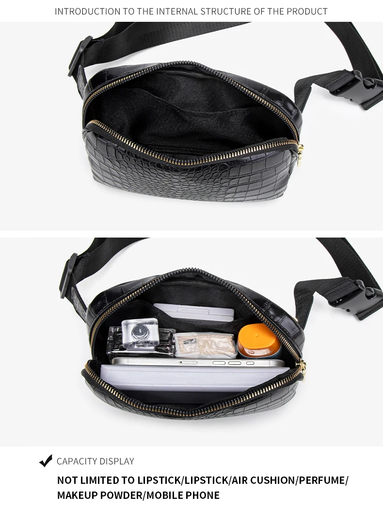 حقيبة صدر صغيرة عصرية بلون سادة كلاسيكية ذات سعة كبيرة على شكل تمساح حقيبة خصر للجنسين بحزام كتف قابل للتعديل