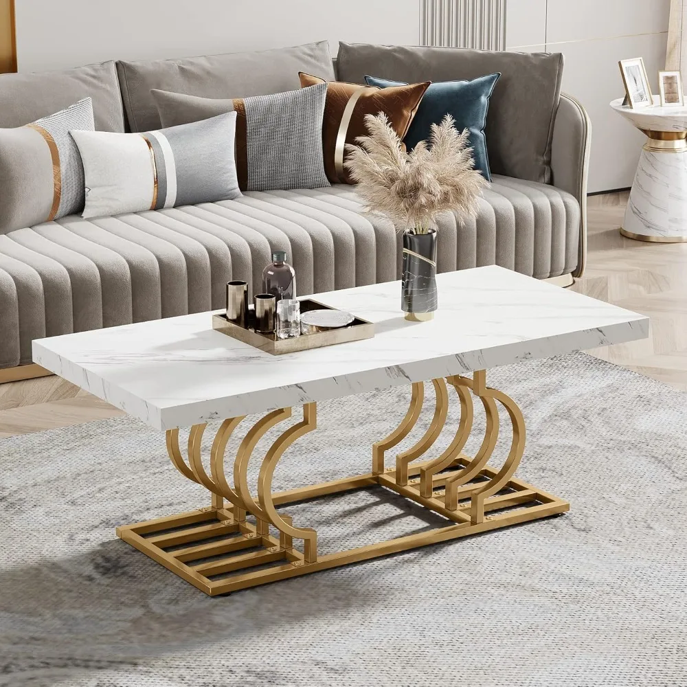 

47 Inch Faux Marble Cocktail Table with Geometric Frame, Rectangular Center Table Tea Table Accent Furniture for Living Room