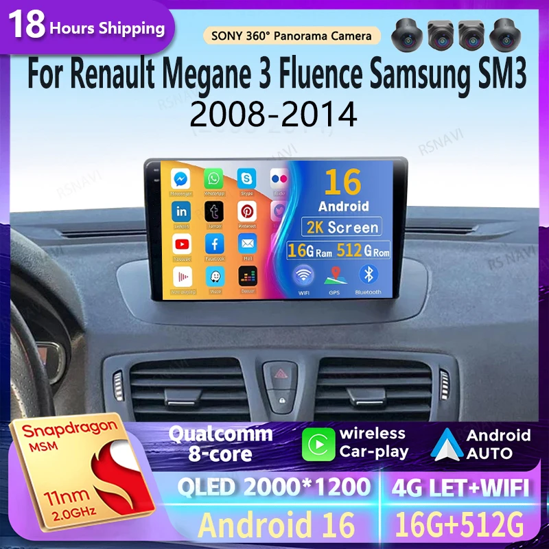 Android 16 wifi+4G Carplay Car Radio For Renault Megane 3 Fluence Samsung SM3 2008-2014 Navigation GPS Stereo Multimedia DVD DSP