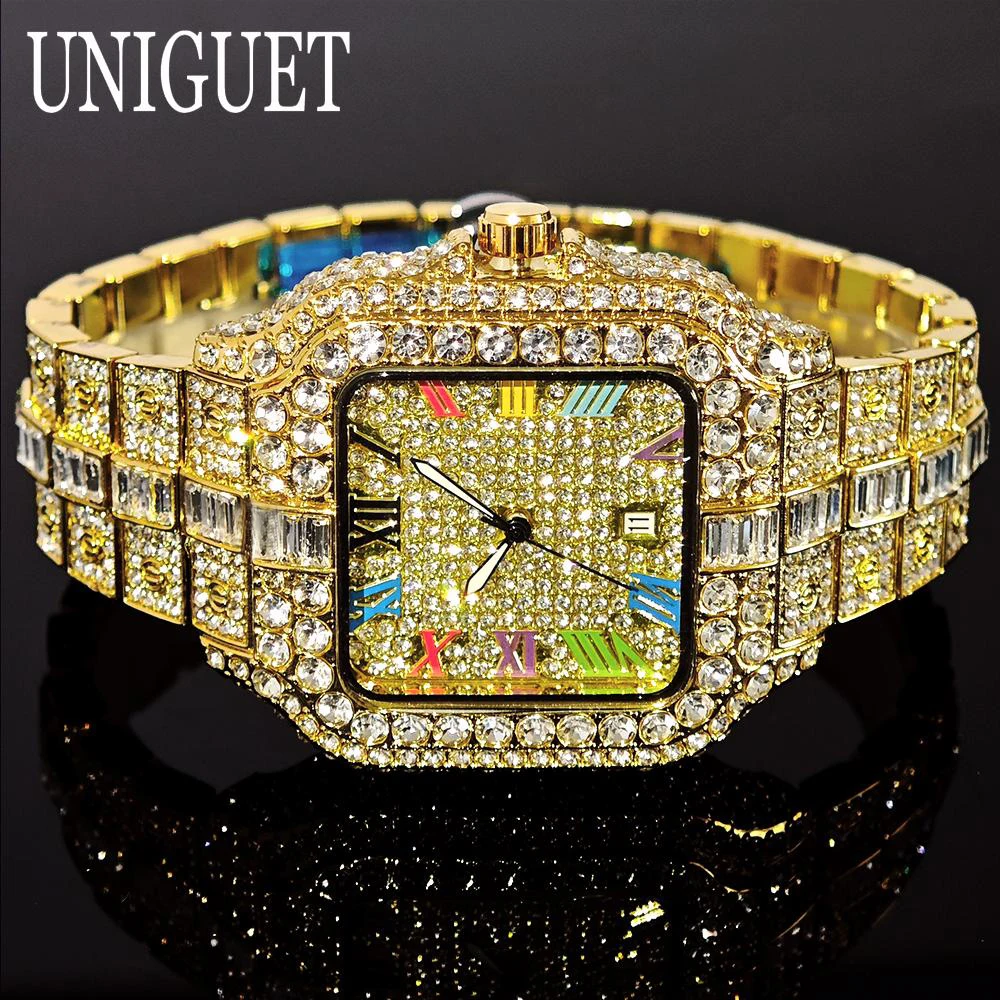 UNIGUET Gold Iced Quartz Watch for Men Fashion Color Roman Square Watch Mans Hip Hop Diamond AAA Jewelry Wristwatch Gift 2025