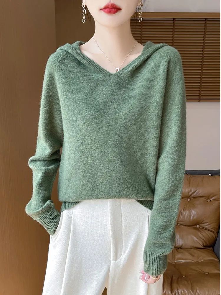 Women's Long Sleeve V-Neck Knitted Sweater, Monochromatic, 100% Wool, Thick, Warm, Casual Pullovers, Autumn, Winter