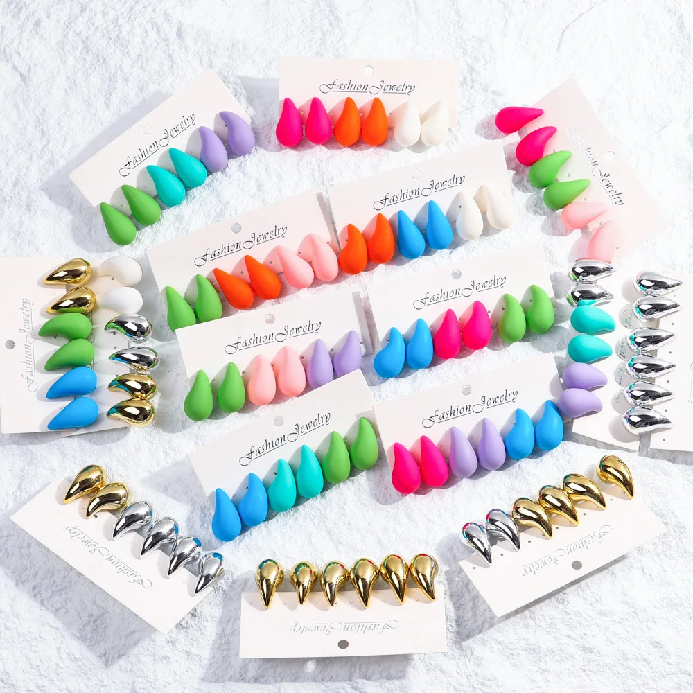 Pendientes de aro de gota de agua chapados gruesos para mujer, joyería ligera, suave, multicolor, acrílico, gota de lágrima, 3 pares por juego