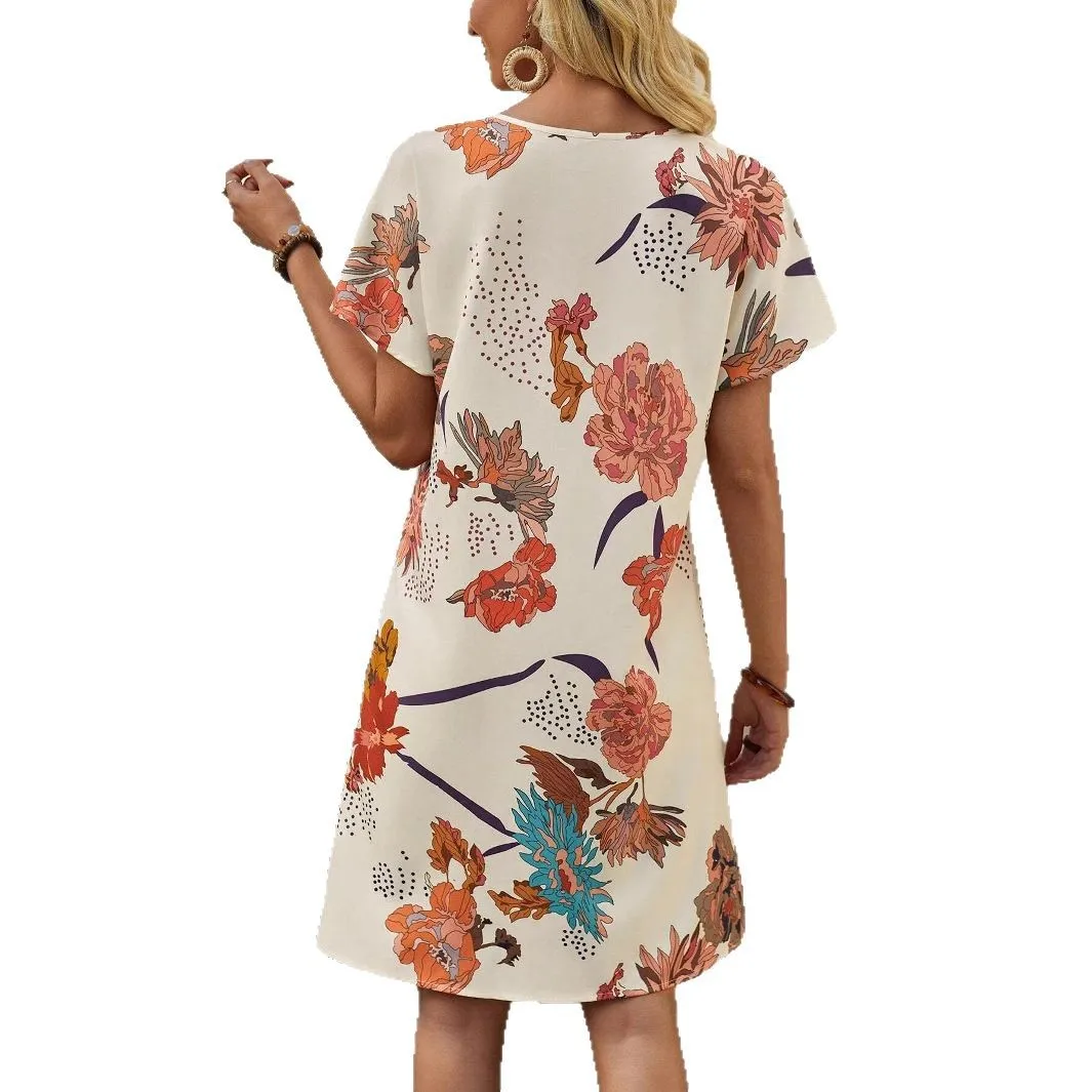 Floral Print Dress With Summer Floral Print Notch Collar Fashionable And Casual Short Sleeved V-neck A-line Dress For Women