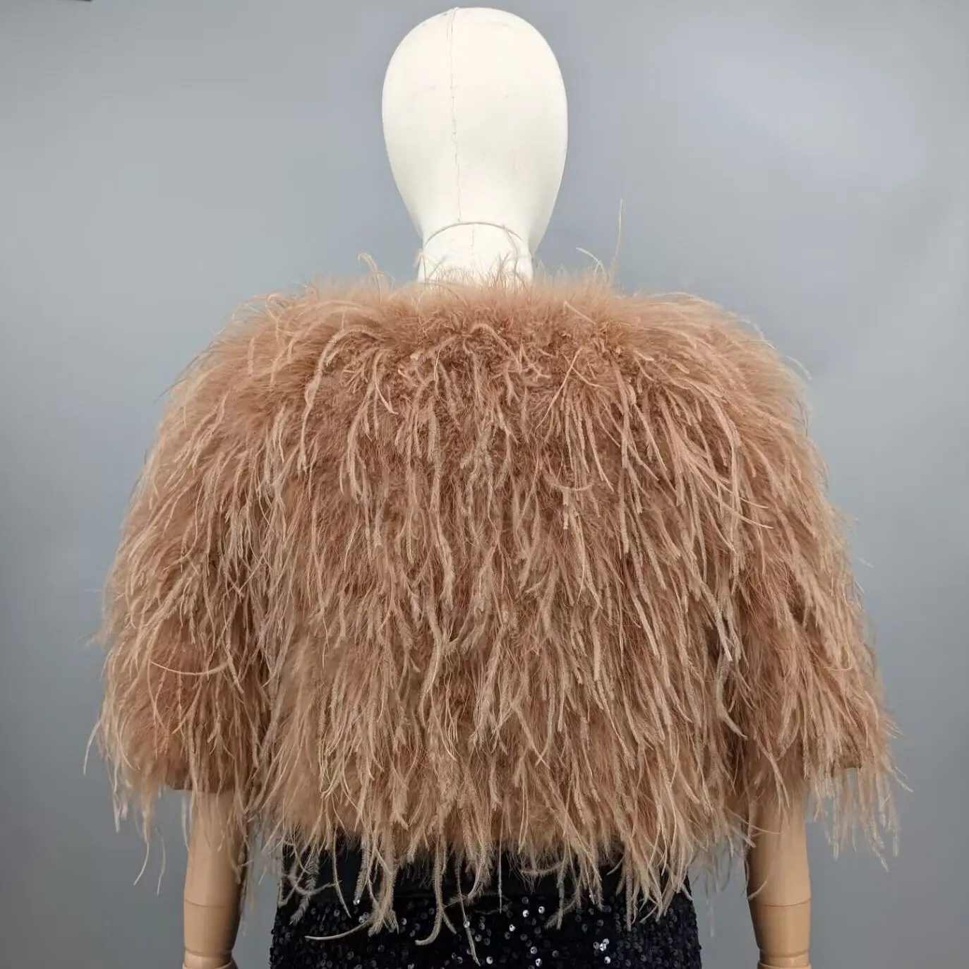 Women Coffee Brown Real Ostrich Feather Half Sleeve Cape Crop Top Wedding Cocktail Party Banquet Evening Shawl Outfit 21A0707