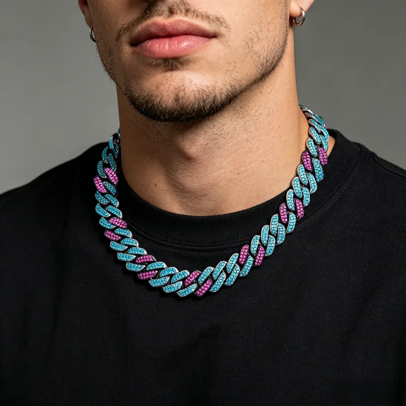 14mm Two-Tone Cyan Dark Purple Double Row Prong Cuban Chain Iced Out Sparkly Rhinestone Hip Hop Choker Necklace Unisex 40cm