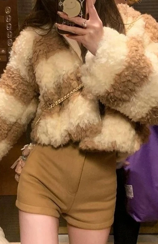 Striped jacket, lamb wool, extra thick jacket, cotton hooded, autumn and winter warm short cardigan