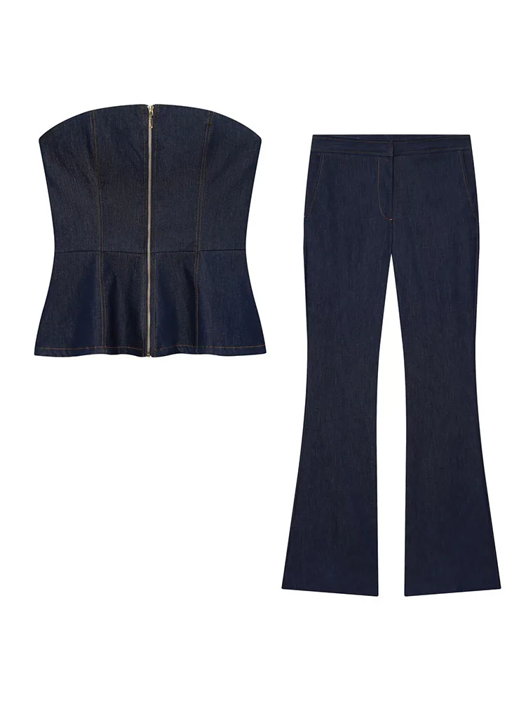 

HH Autumn Women Solid Pants Suit Sleeveless Hanging Neck Collar Backless Top+Loose Belt Zipper Straight High Waist Trousers