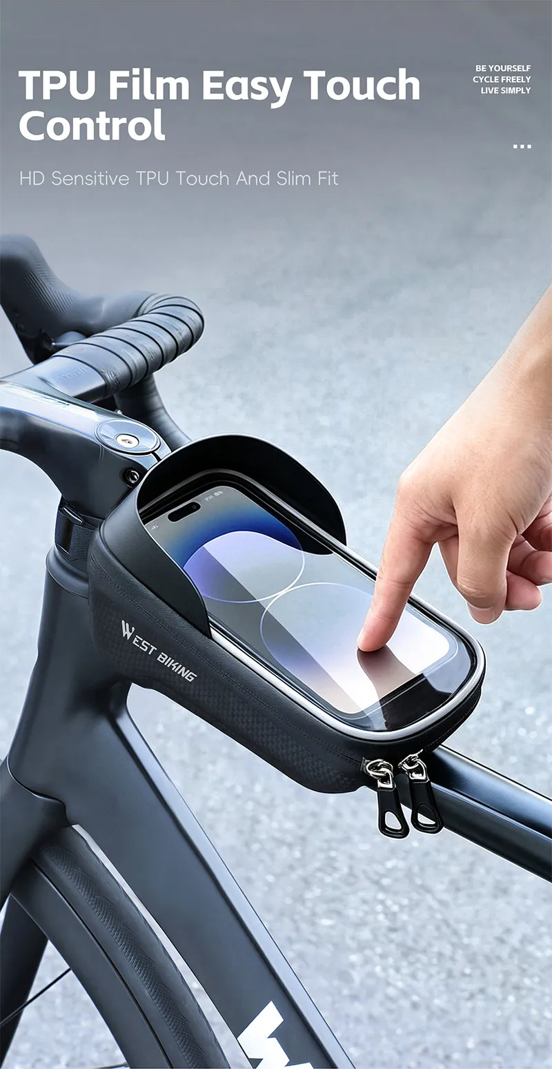 WEST BIKING Touchscreen-Fahrradtasche für Handys, wasserdichte Hartschalen-Oberrohrtasche für Straßen- und Mountainbikes mit dreifach stabilem Haken – Detail 3