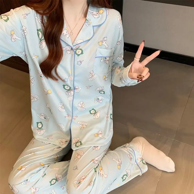 

Sanrio Cinnamoroll женские пижамные комплекты для сна Kawaii мультфильм осенние брюки с длинными рукавами студенческая одежда для сна с лацканами домашняя одежда новая
