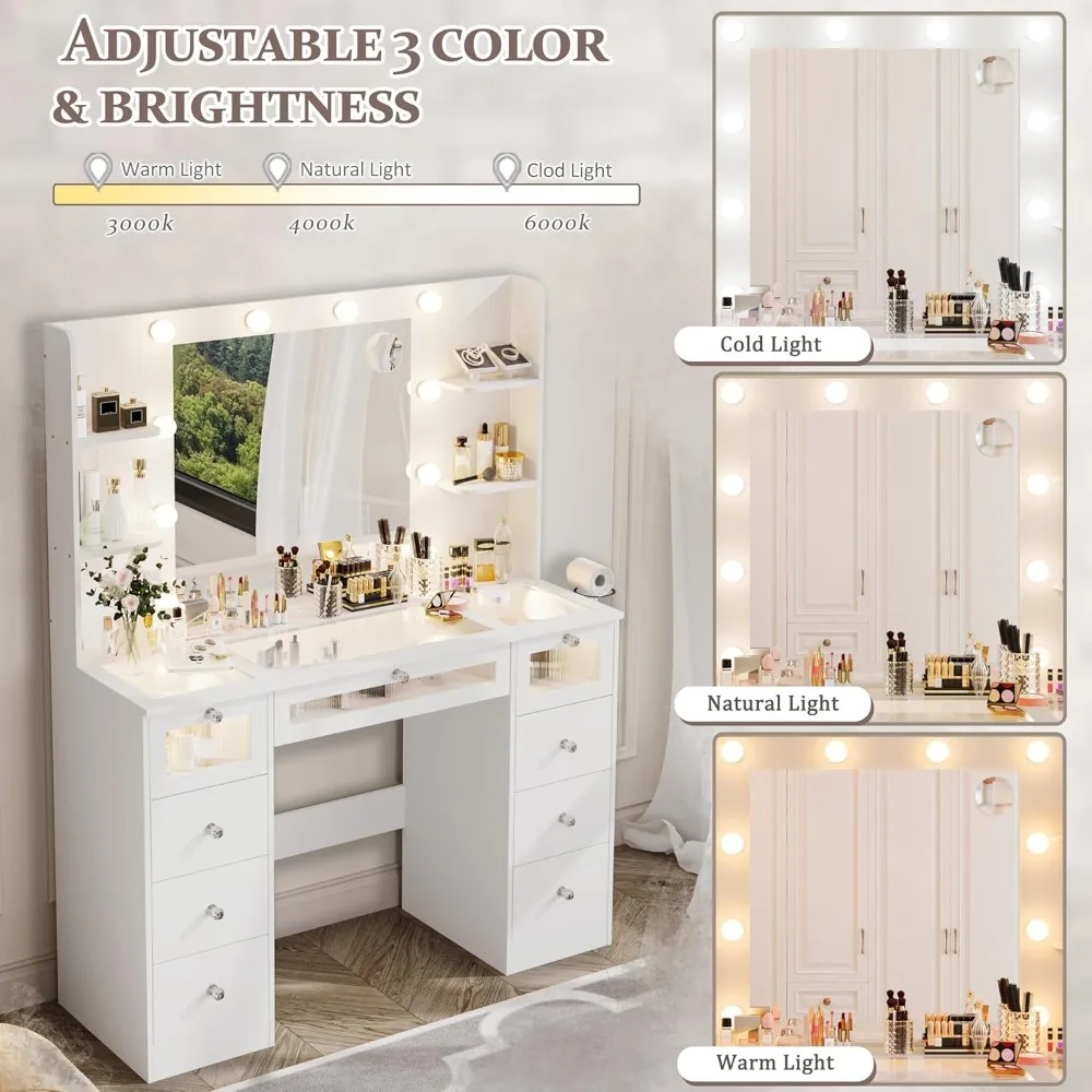 White dressing table with light colored mirror, equipped with 9 drawers, 3 colorful Hollywood light bulbs, and 4 shelves image 3