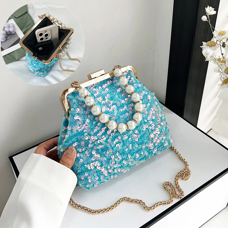 New Pearl Sequins Luxury Evening Bags for Women Metal Hasp Tote Wedding Party Clutch Shoulder Chain Handbags Shiny Coin Purse