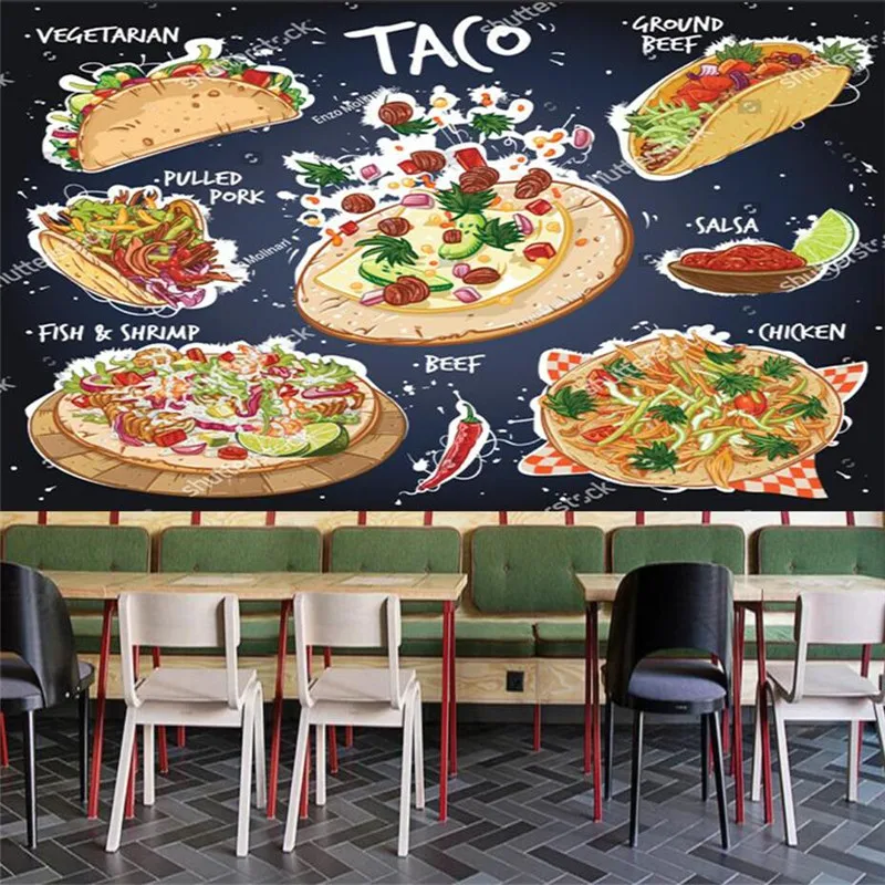 

Hand-painted Pizza Taco Salad Fast Food Restaurant Industrial Decoration 3D Mural Wallpaper Snack Bar Wallpaper Papel De Parede