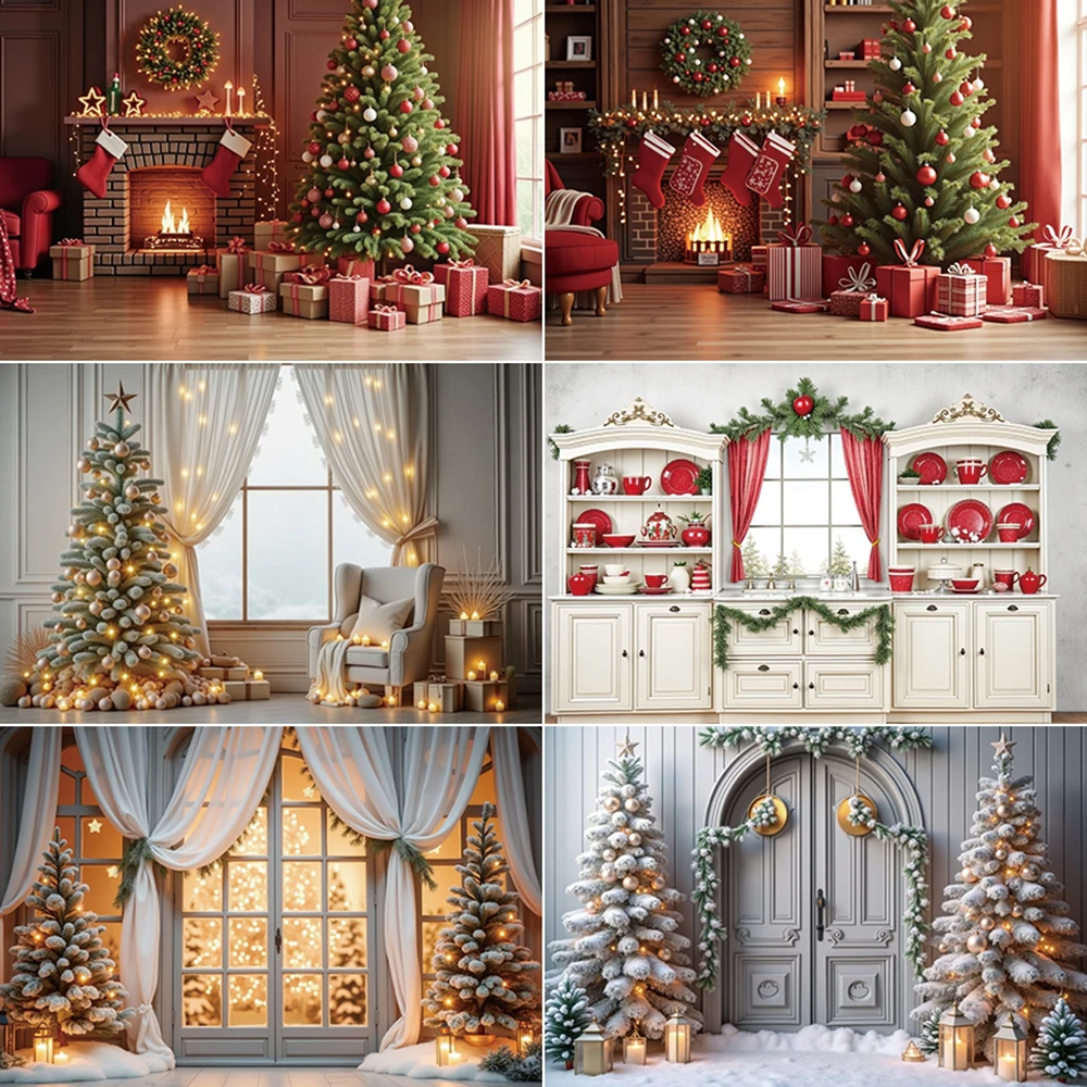 

MOON.QG Christmas Scenery Photography Backdrop Xmas Tree New Year Window Photocall Background Child Photo Studio Photocall Props