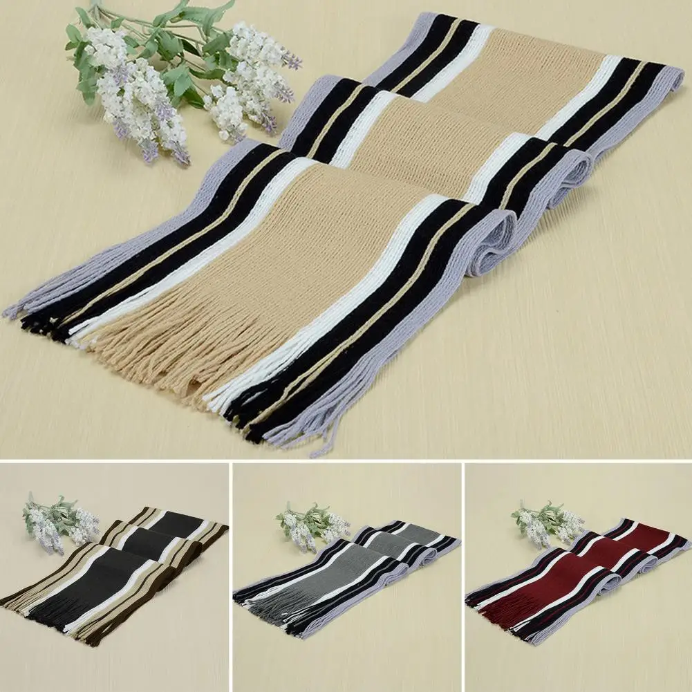 Stylish Long Scarf Woolen Yarn Cold Resistant Washable Winter Striped Contrast Color Warm Knitting Scarf