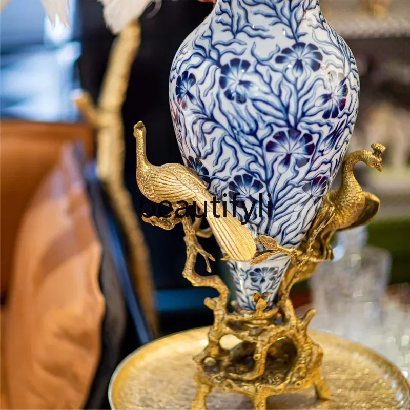 AA85  New Copper and Ceramic Vintage Soft Decoration Blue and White Porcelain Vase Stand Living Room Entrance Ornament