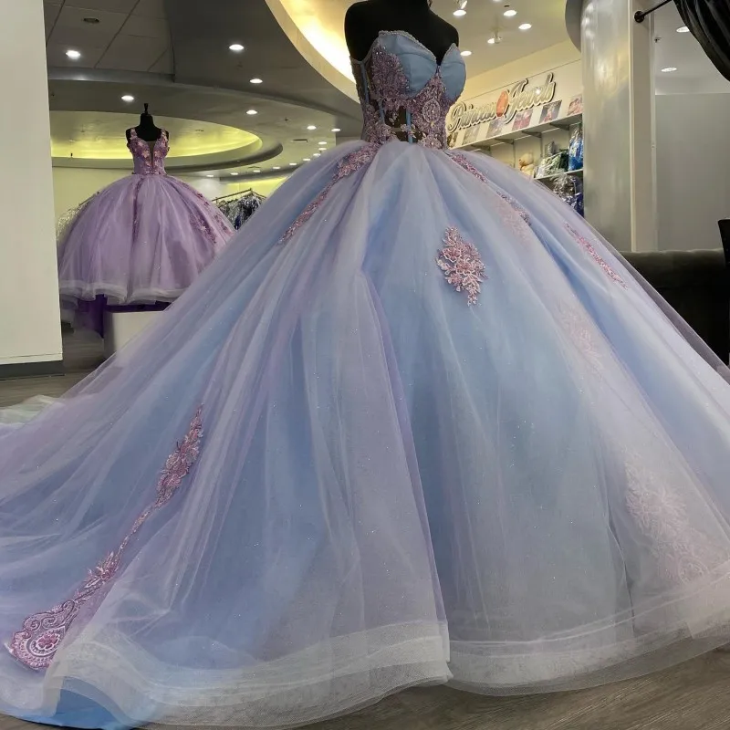 

Sky Blue Glittering Sweetheart Quinceanera Dress Off Shoulder Beading Appliqué 3DFlower Vestidos De 15 Anos Ball Gown