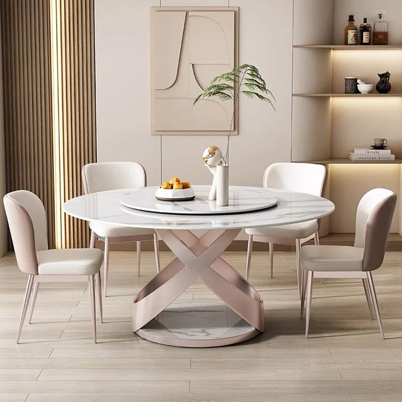 Cream Style Round Dining Table And Chair White Household Furniture Kitchen Table Rock Slab Desktop Dining Table With Turntable