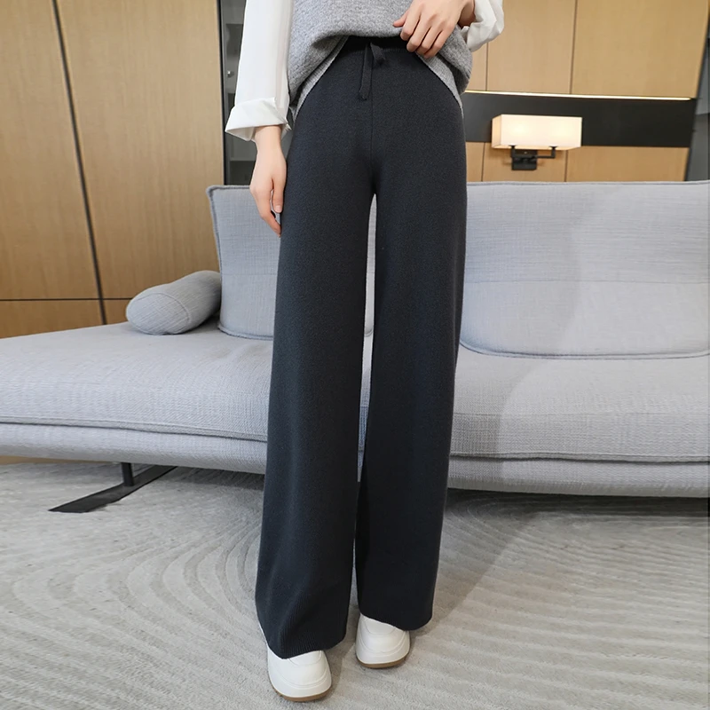 

Casual 100% Merino Wool Women Wide Leg Pants New Fashion Autumn Winter Wide Hemline Thread Knitted Woman Cashmere Trousers