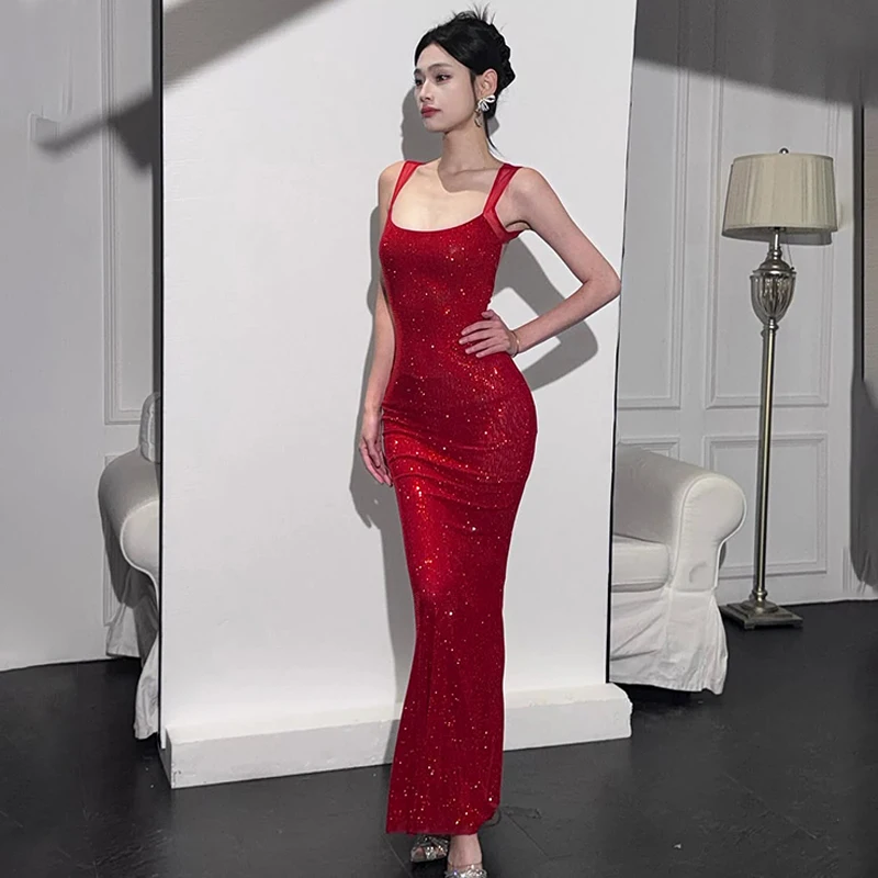 RORORIRI Sexy Sequined Evening Party Dress Square Collar Women Backless Shiny Rhinestone Slim Dresses Party Cocktail Gowns