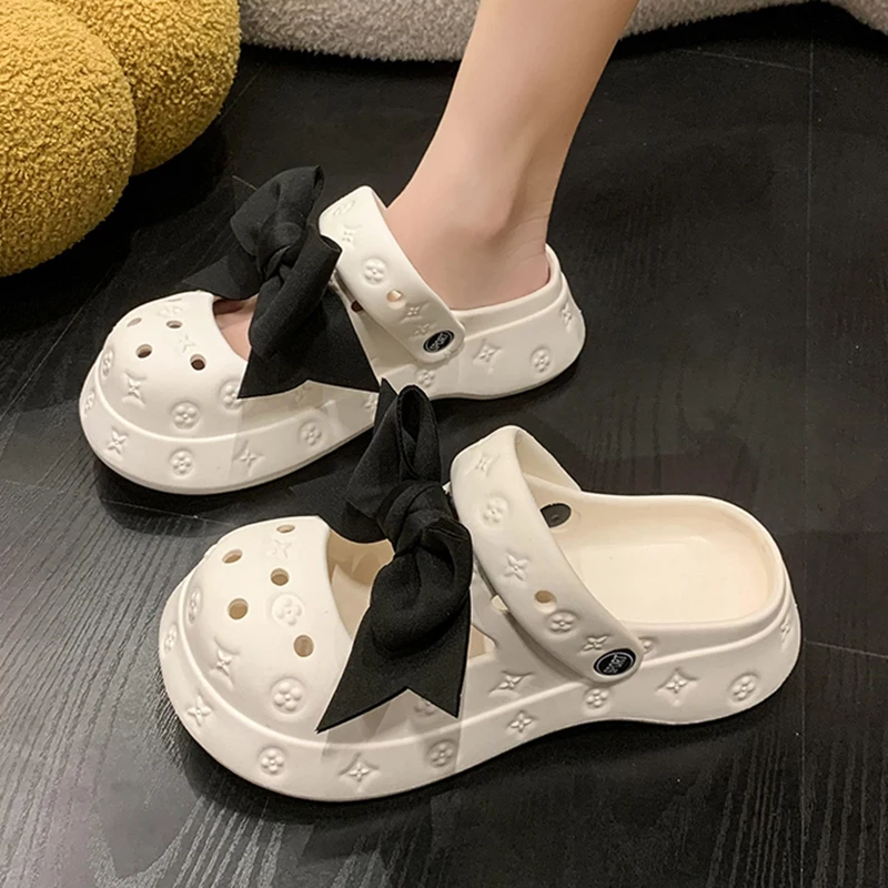 Summer Women Slippers Platform Clogs Garden Shoes Outdoor Beach Sandals Chunky Slippers Cute Bowtie Decoration Vacation Slides